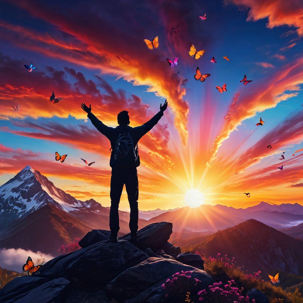 A vibrant sunrise representing the journey from elation to euphoria, featuring a silhouette of a person spreading their arms wide atop a mountain, surrounded by swirling clouds of color symbolizing joy and freedom. Include elements like fluttering butterflies and radiant sunbeams to enhance the feeling of thrill and positivity. The background should be a dynamic blend of warm and cool colors to evoke the transition of emotions. super-realistic. vibrant colors. 3D.