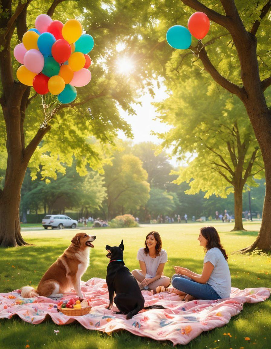 A serene scene depicting a diverse group of people sharing joyful moments in a sunlit park, surrounded by blooming flowers and playful pets. Include elements of laughter, a picnic blanket, and colorful balloons floating in the sky, embodying happiness and connection. The ambiance should radiate warmth and positivity, inviting viewers to embrace everyday bliss. super-realistic. vibrant colors. soft focus.