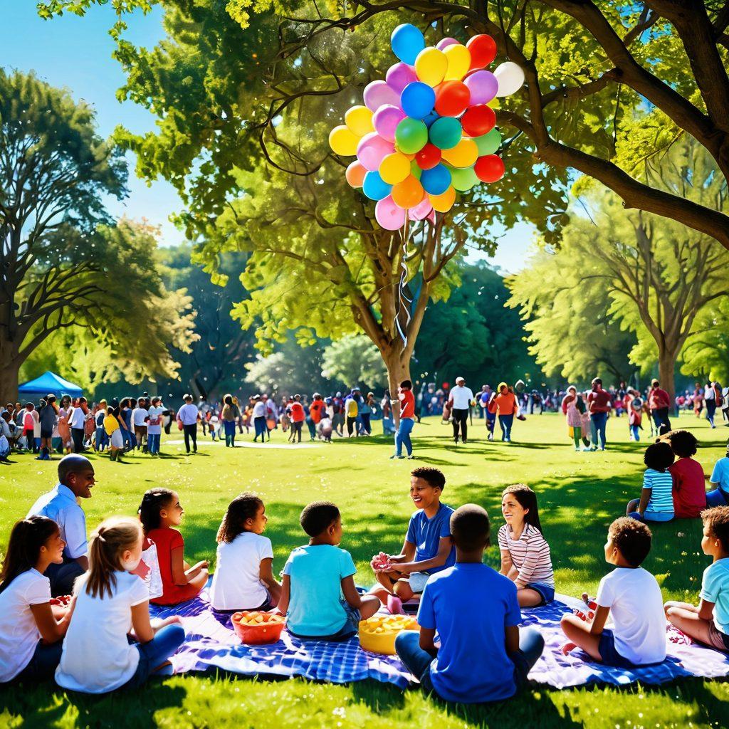 A bright, sunlit park scene filled with people of diverse backgrounds sharing laughter and joy. Colorful balloons float in the air, children play with bubbles, and a picnic spread is visible under a blooming tree. Emphasize warmth and happiness with vibrant colors and smiles. super-realistic. vibrant colors. cheerful atmosphere.